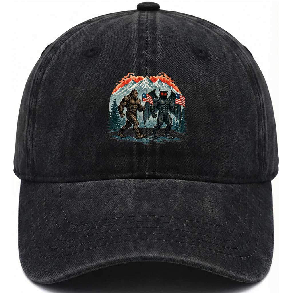Patriotic Bigfoot And Mothman Washed Cotton Baseball Cap Funny Cryptid Lover Gift TS12 Washed Cap Universal Fit Black Print Your Wear