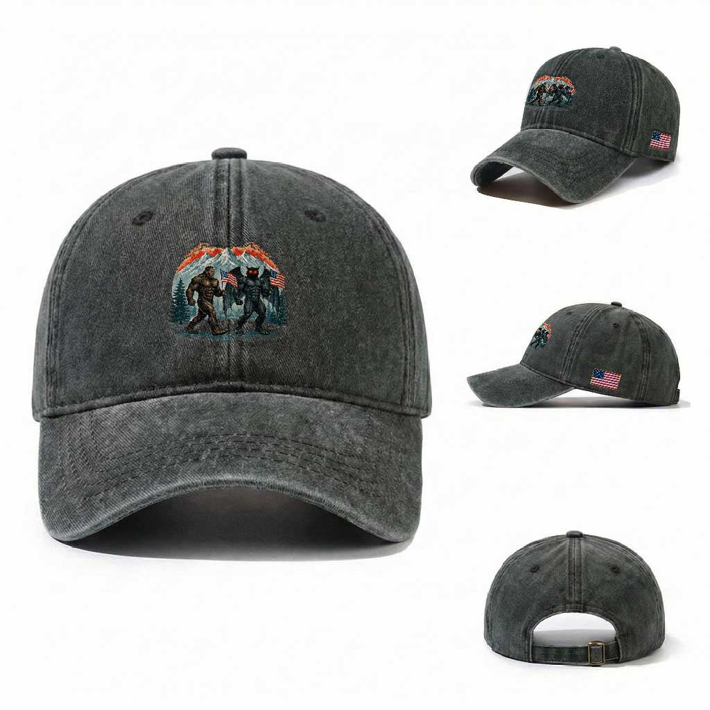 Patriotic Bigfoot And Mothman Washed Cotton Baseball Cap Funny Cryptid Lover Gift TS12 Washed Cap Universal Fit Dark Green Print Your Wear