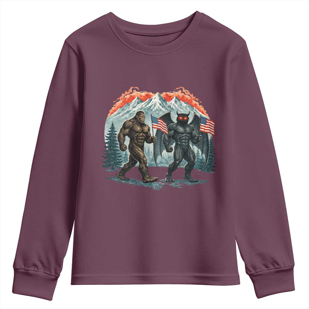 Patriotic Bigfoot And Mothman Youth Sweatshirt Funny Cryptid Lover Gift TS12 Maroon Print Your Wear