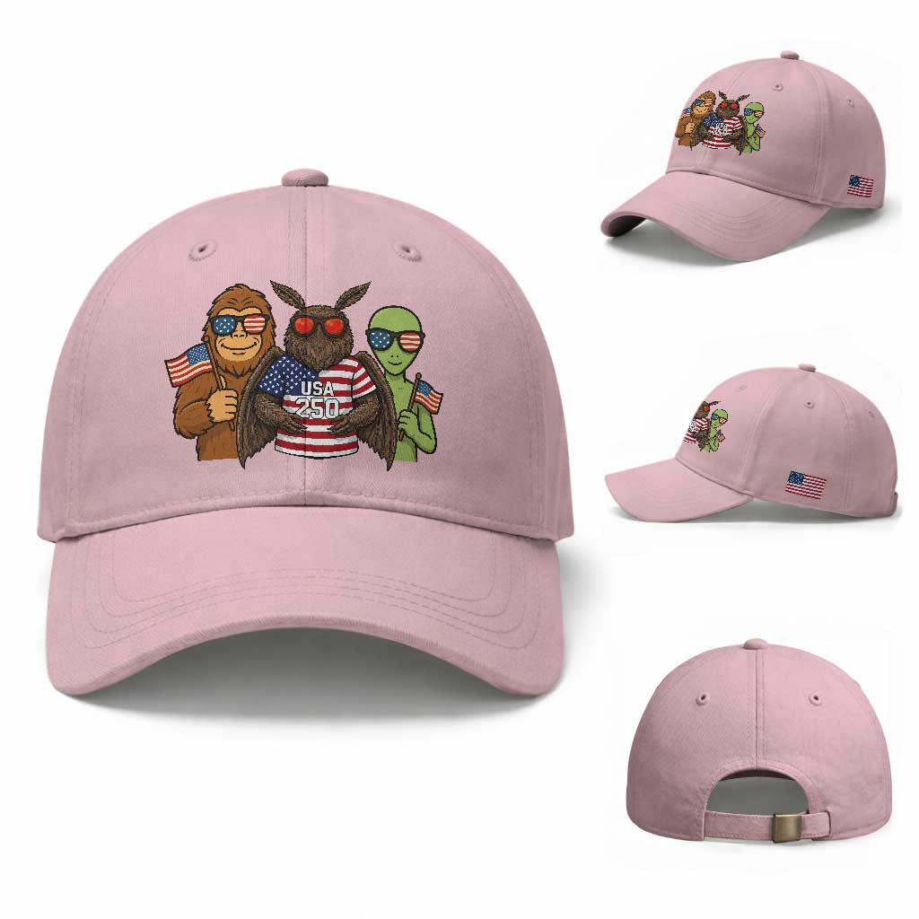 Funny Bigfoot Mothman Alien Baseball Cap USA 250th Anniversary TS12 Baseball Cap Universal Fit Light Pink Print Your Wear