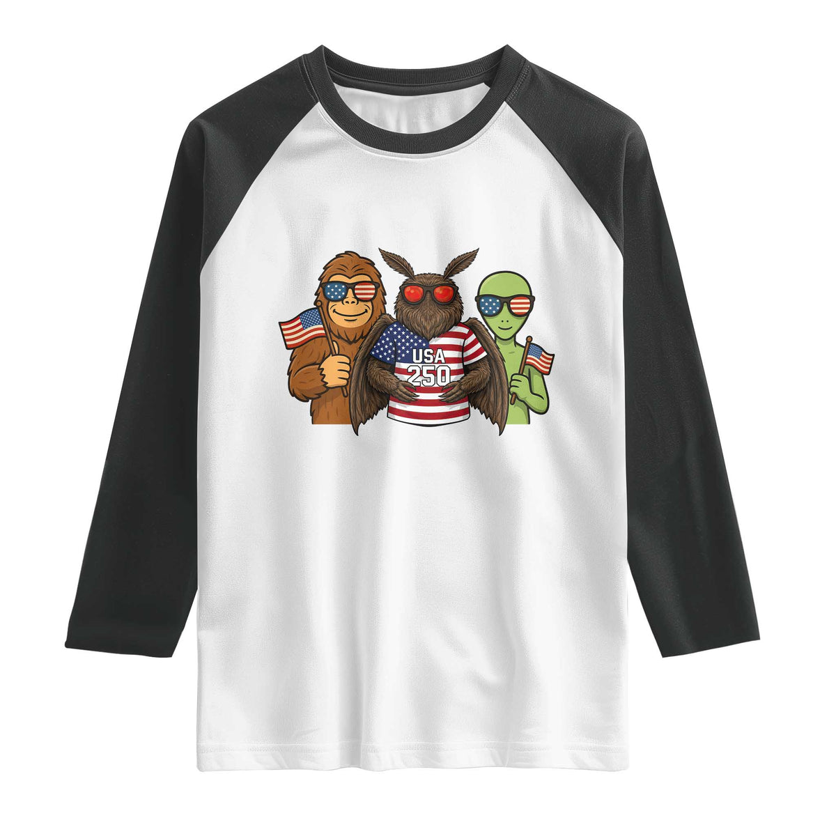 Funny Bigfoot Mothman Alien Raglan Shirt USA 250th Anniversary TS12 White Black Print Your Wear
