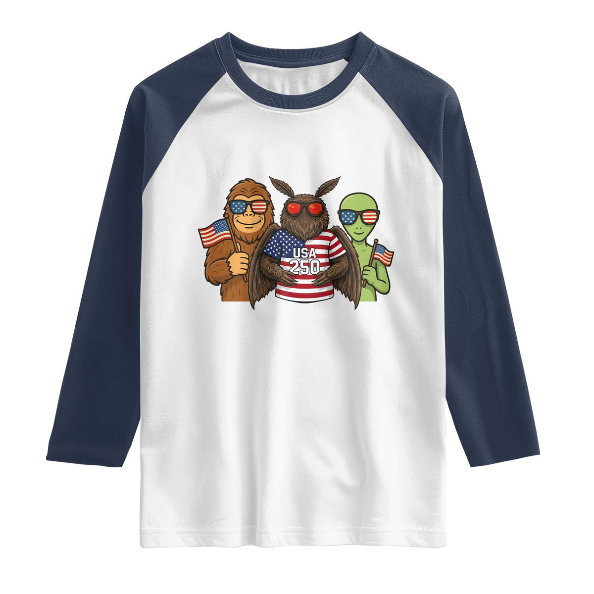 Funny Bigfoot Mothman Alien Raglan Shirt USA 250th Anniversary TS12 White Navy Print Your Wear