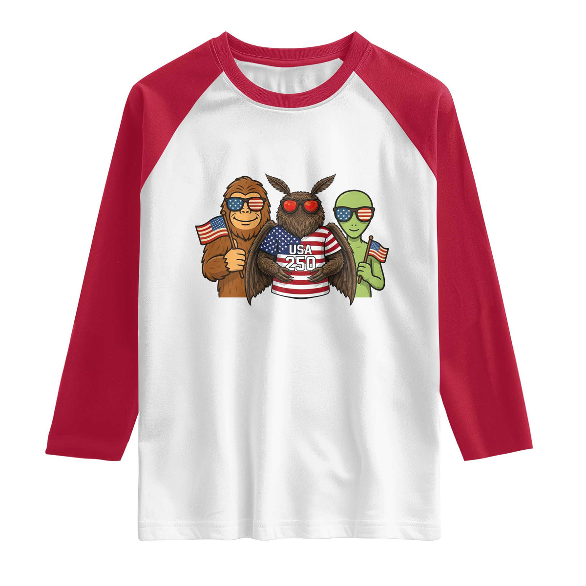 Funny Bigfoot Mothman Alien Raglan Shirt USA 250th Anniversary TS12 White Red Print Your Wear