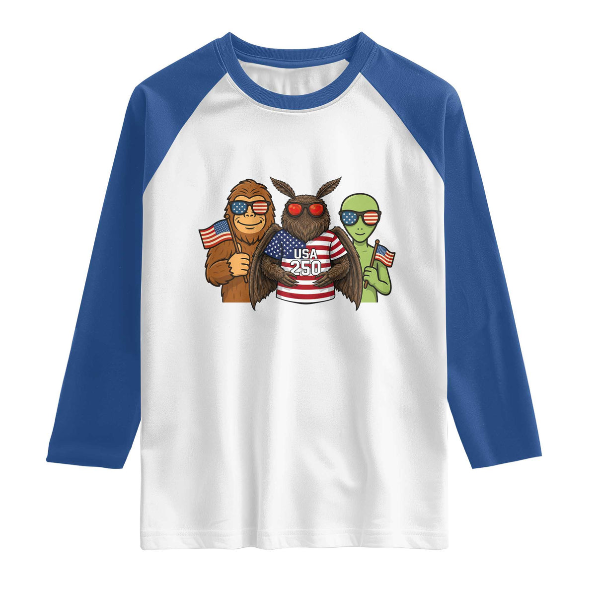 Funny Bigfoot Mothman Alien Raglan Shirt USA 250th Anniversary TS12 White Royal Print Your Wear