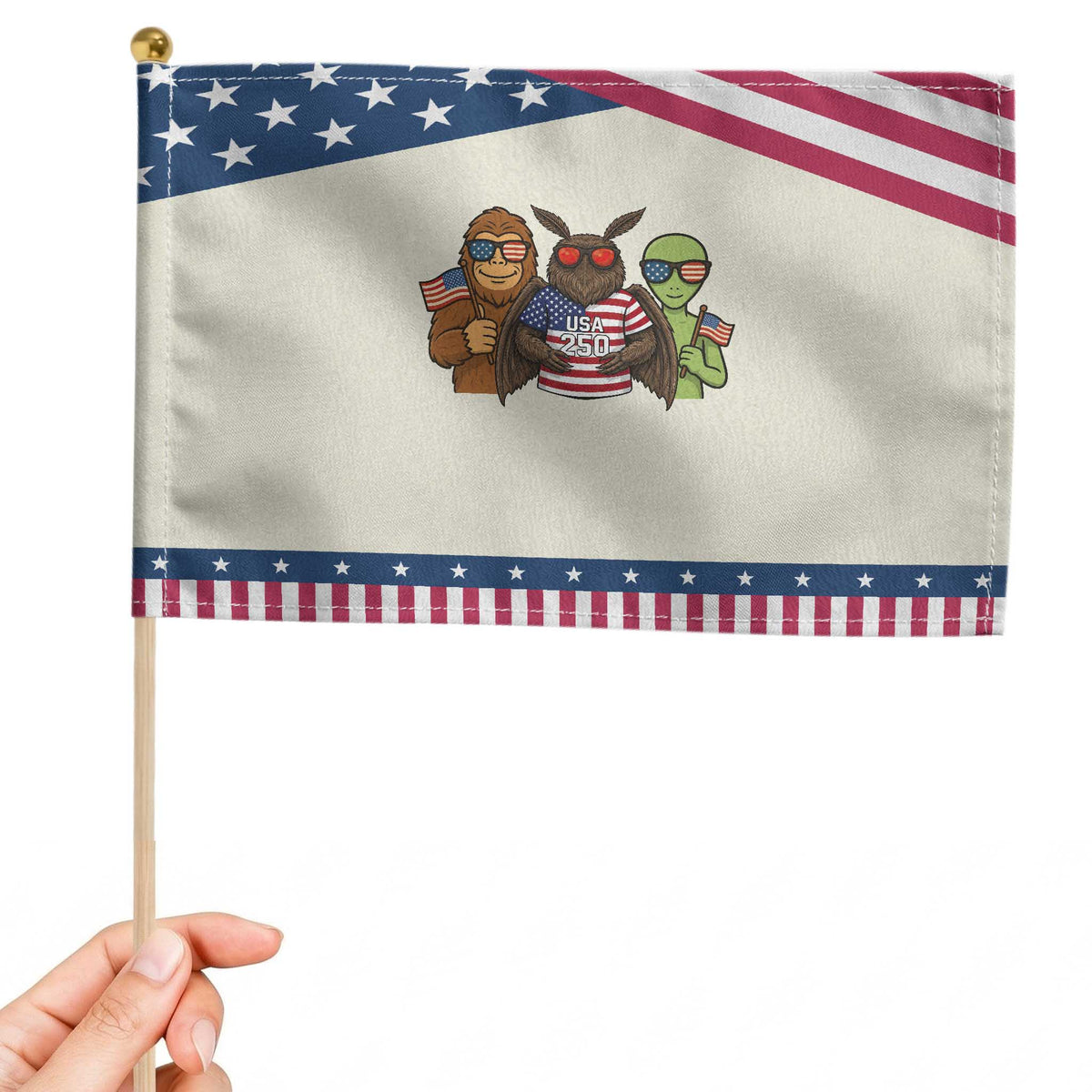 Funny Bigfoot Mothman Alien Patriotic Handheld Flag USA 250th Anniversary TS12 Modern 8.2