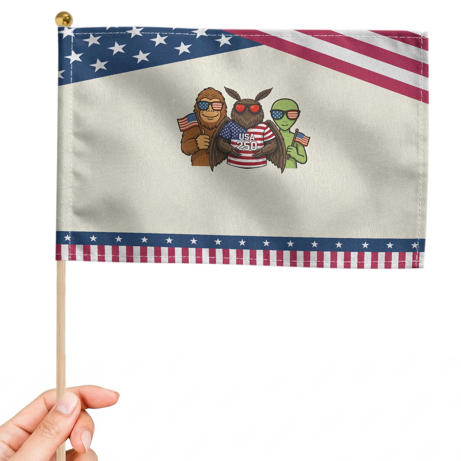 Funny Bigfoot Mothman Alien Patriotic Handheld Flag USA 250th Anniversary TS12 Modern 8.2