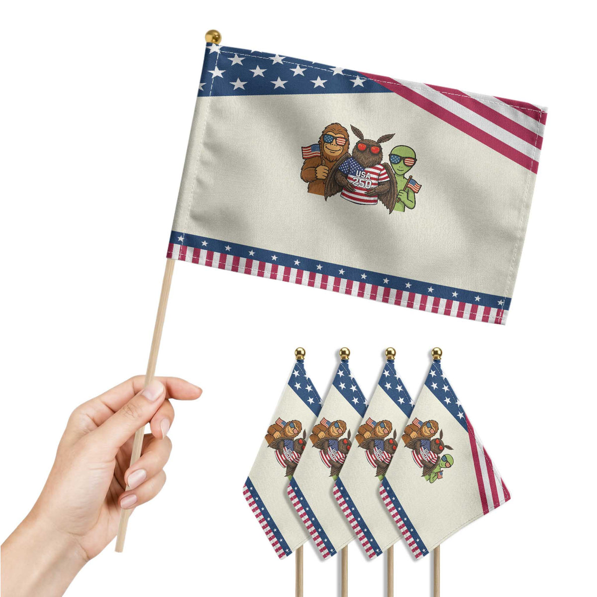 Funny Bigfoot Mothman Alien Patriotic Handheld Flag USA 250th Anniversary TS12 Print Your Wear