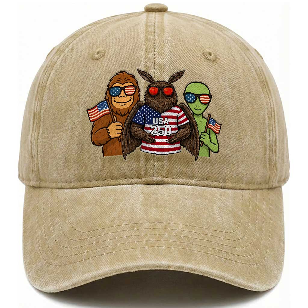 Funny Bigfoot Mothman Alien Washed Cotton Baseball Cap USA 250th Anniversary TS12 Print Your Wear