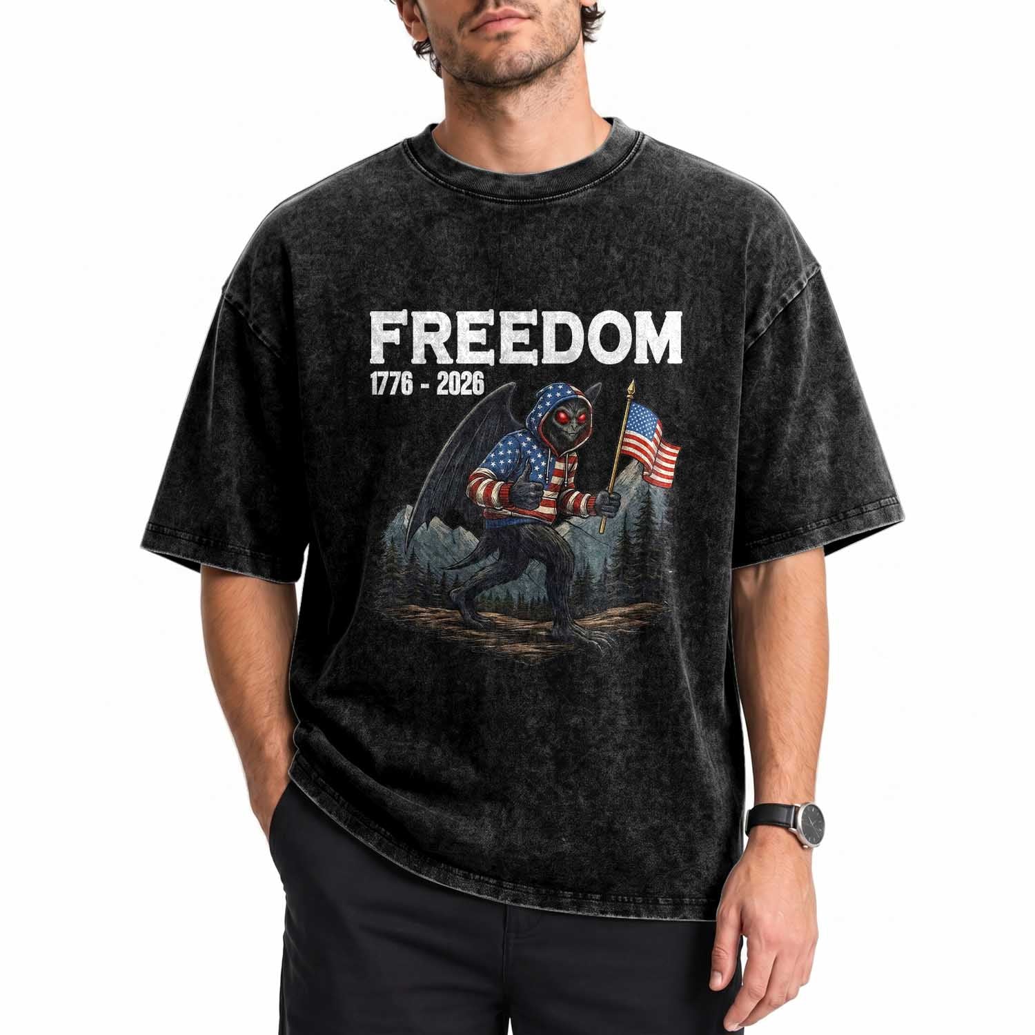Patriotic Mothman Lover Washed Cotton T-Shirt Funny USA 250 Anniversary Gift