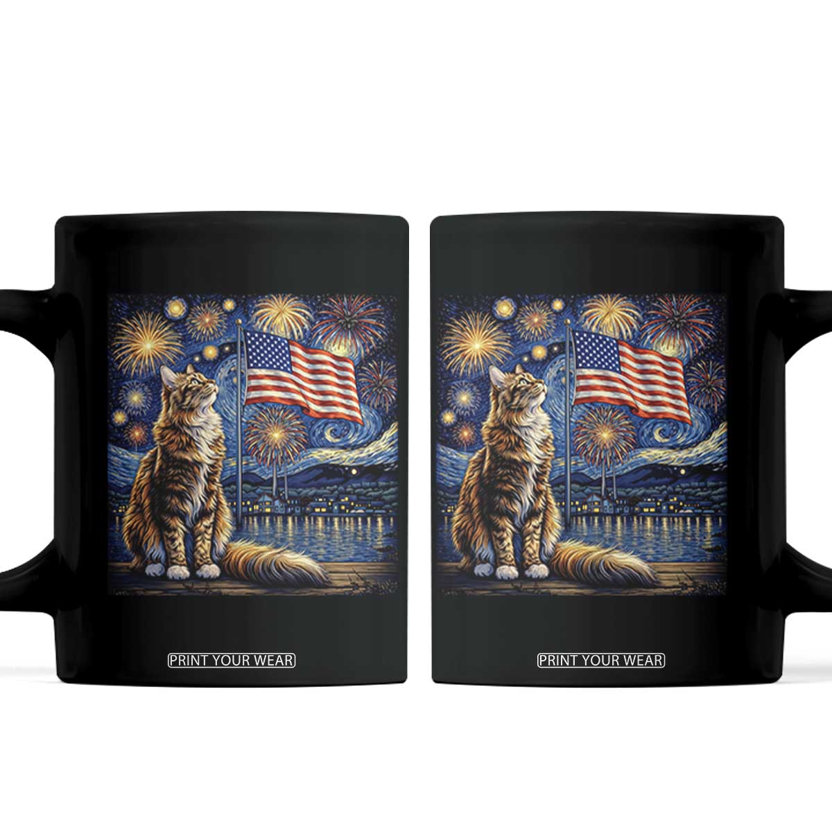 Patriotic Starry Night Cat Coffee Mug Cat Lover Gift TS12 Black Print Your Wear