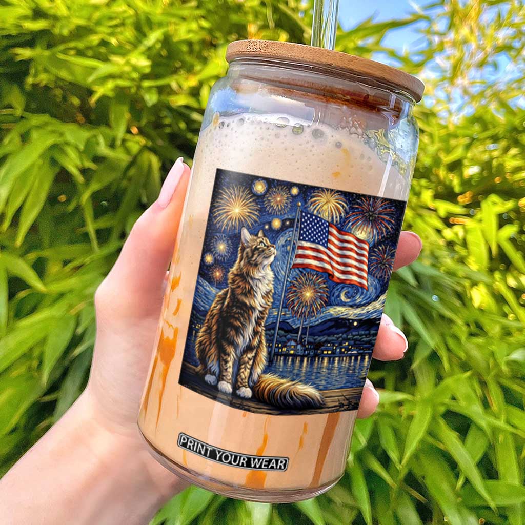 Patriotic Starry Night Cat Glass Can Cat Lover Gift TS12 Black Print Your Wear