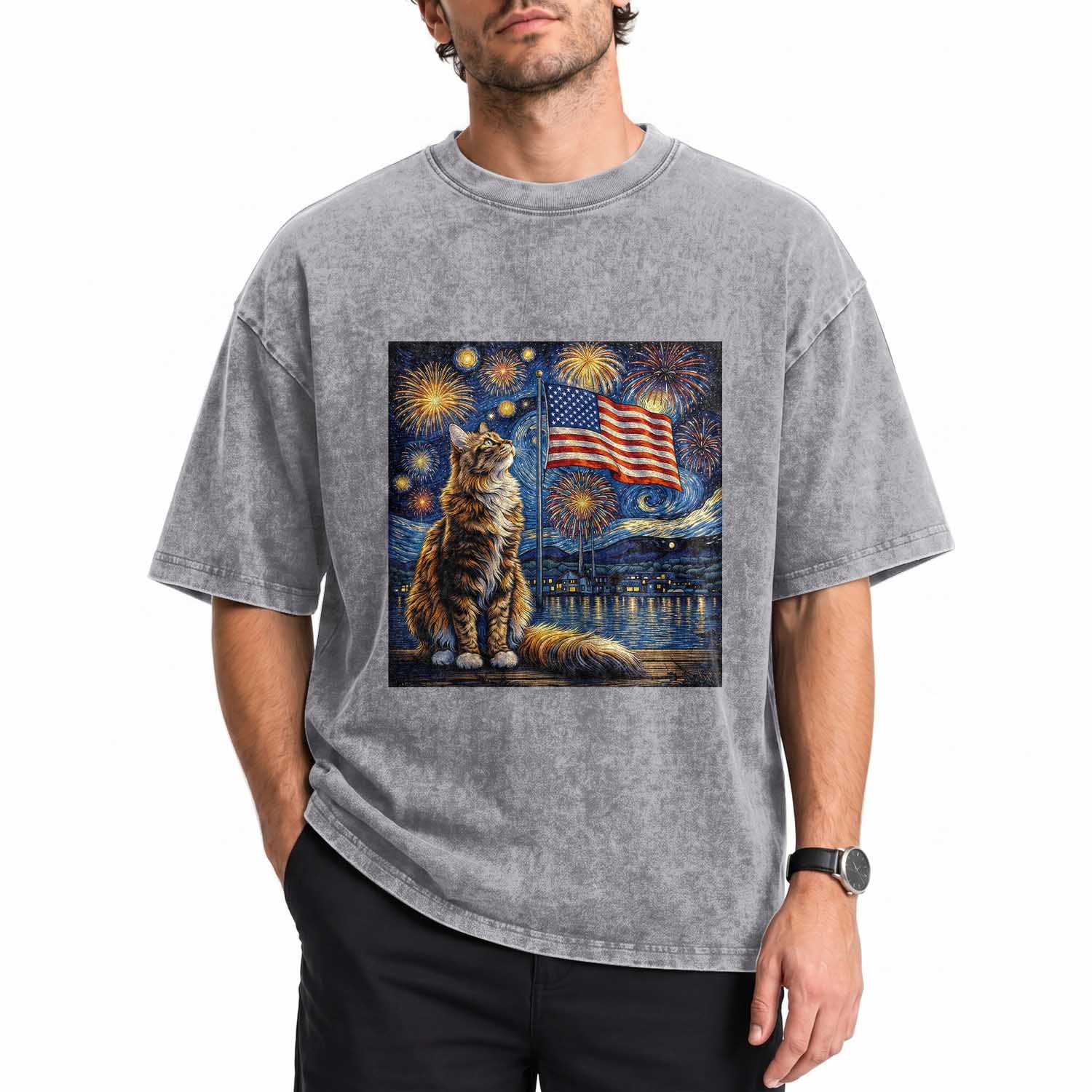 Patriotic Starry Night Cat Washed Cotton T-Shirt Cat Lover Gift