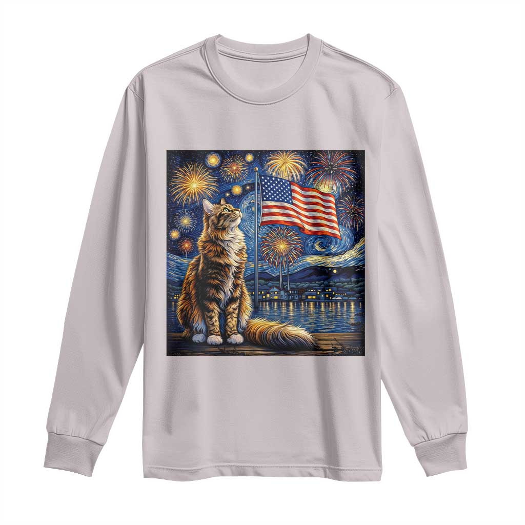 Patriotic Starry Night Cat Long Sleeve Shirt Cat Lover Gift TS12 Ice Gray Print Your Wear