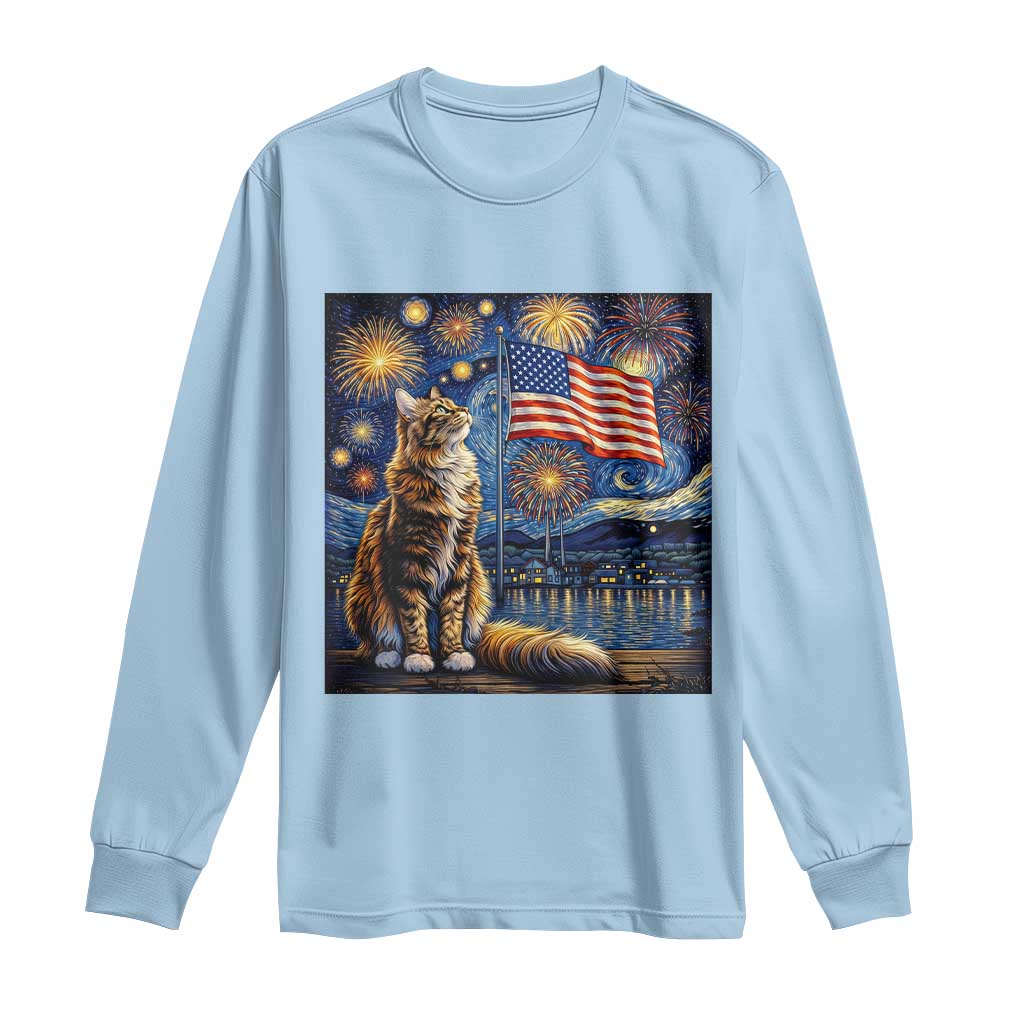 Patriotic Starry Night Cat Long Sleeve Shirt Cat Lover Gift TS12 Light Blue Print Your Wear