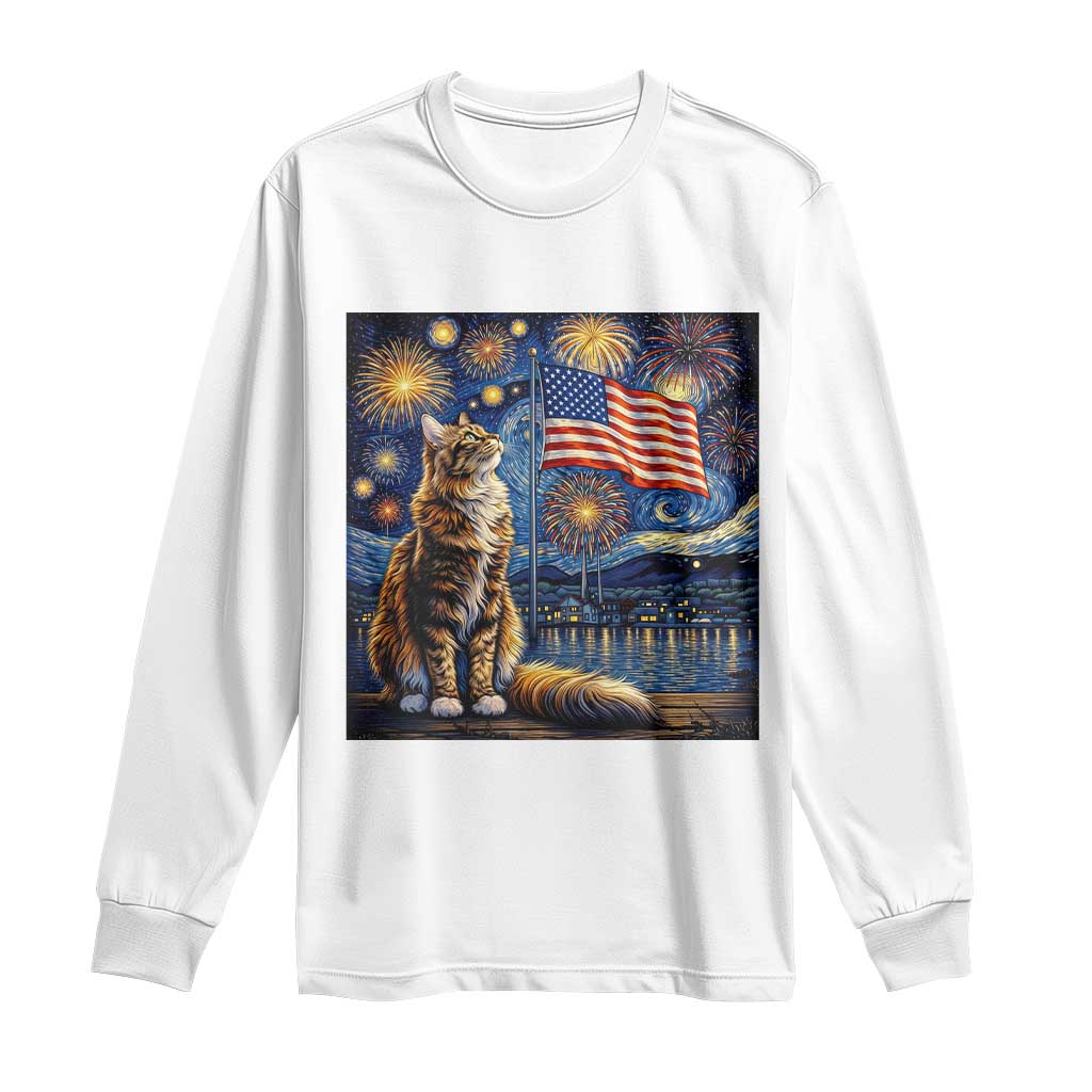 Patriotic Starry Night Cat Long Sleeve Shirt Cat Lover Gift TS12 White Print Your Wear