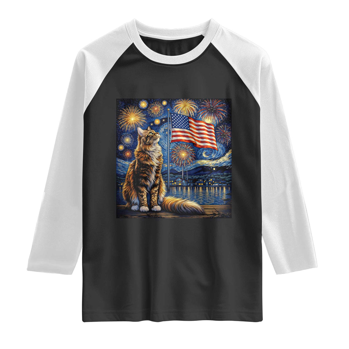 Patriotic Starry Night Cat Raglan Shirt Cat Lover Gift TS12 Black White Print Your Wear