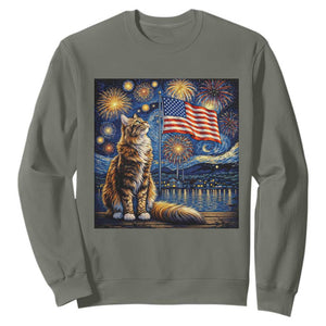 Patriotic Starry Night Cat Sweatshirt Cat Lover Gift TS12 Military Green Print Your Wear