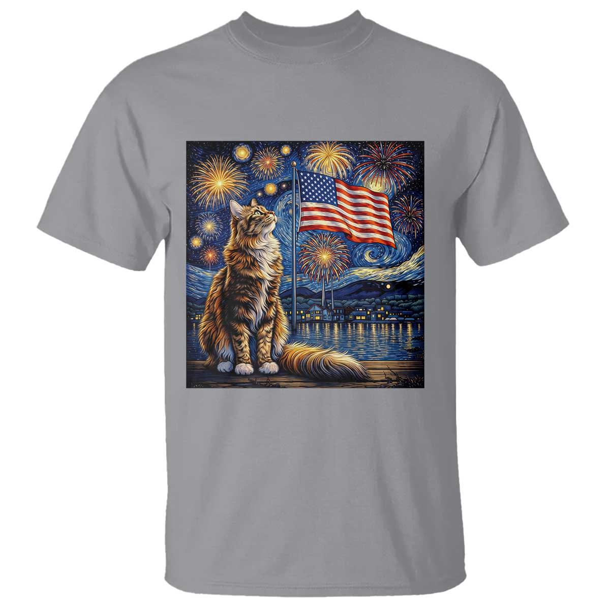 Patriotic Starry Night Cat T Shirt Cat Lover Gift TS12 Sport Gray Print Your Wear