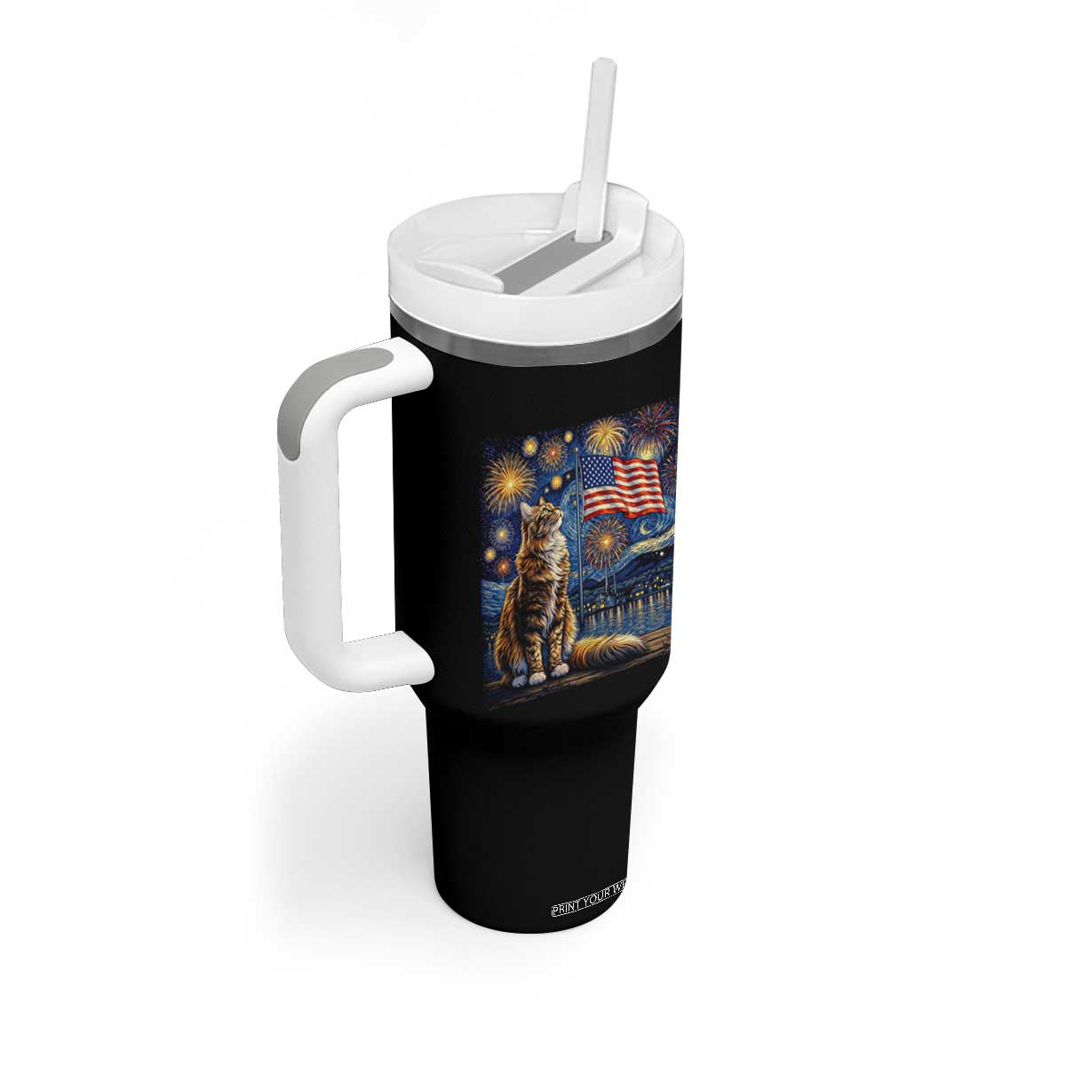 Patriotic Starry Night Cat Tumbler With Handle Cat Lover Gift TS12 Print Your Wear
