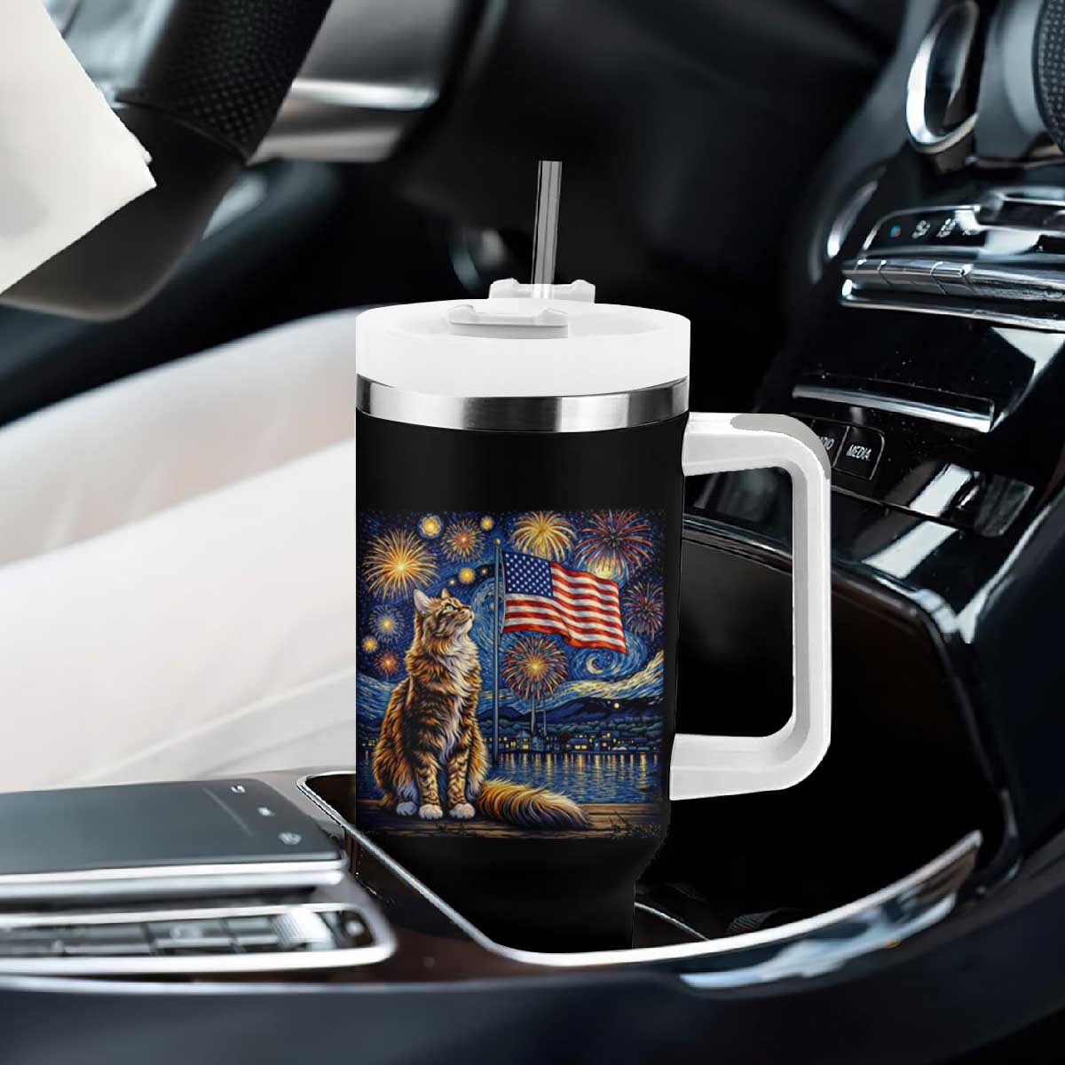 Patriotic Starry Night Cat Tumbler With Handle Cat Lover Gift TS12 Print Your Wear