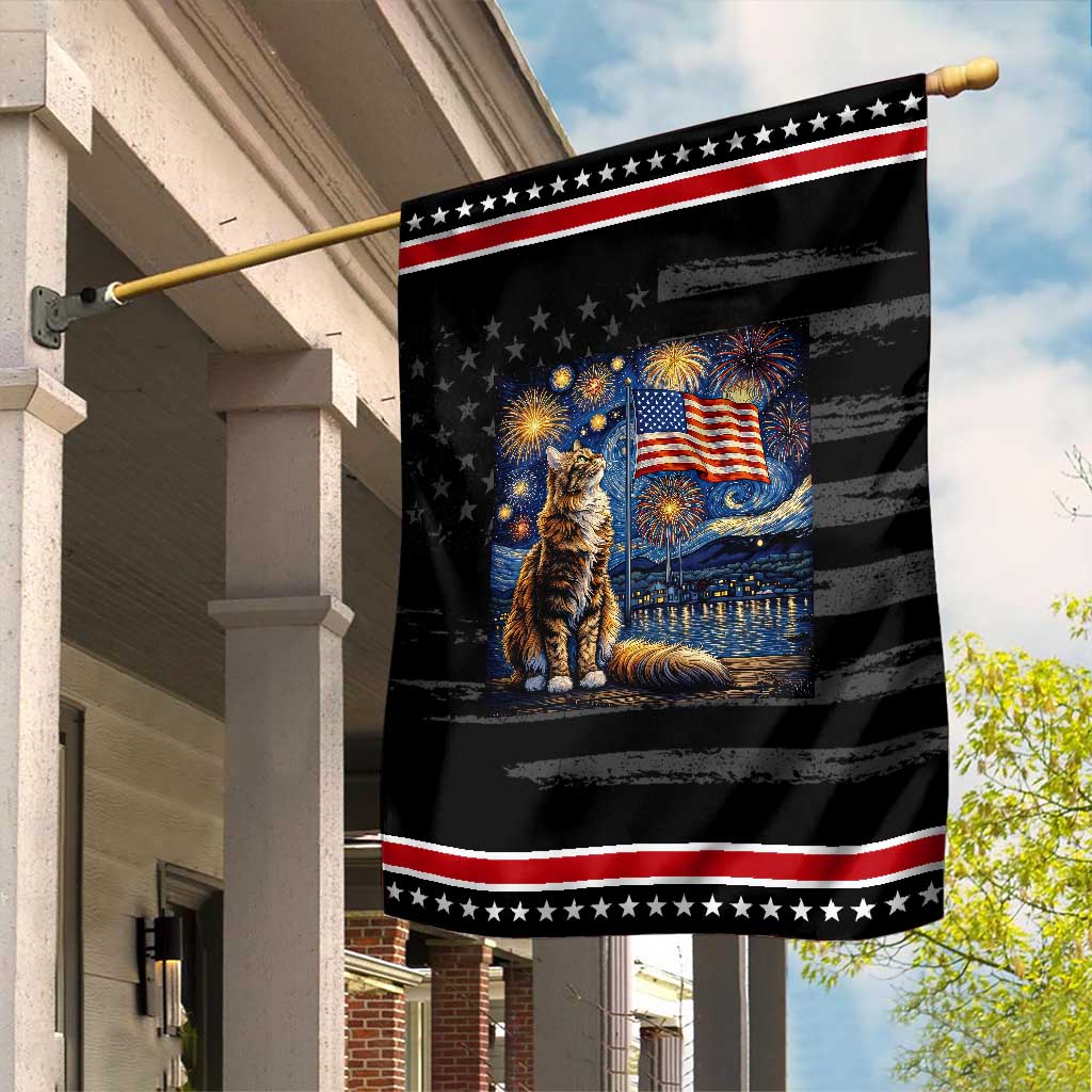 Patriotic Starry Night Cat Garden Flag Cat Lover Gift TS12 Distressed Black Red Print Your Wear