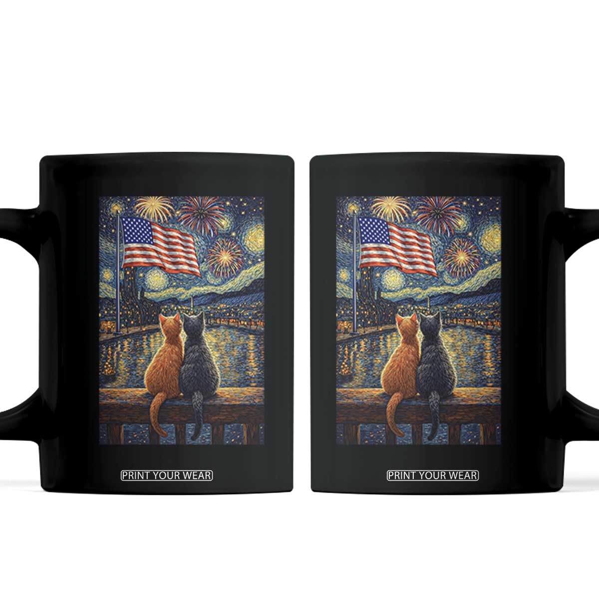 Starry Night Cat Patriotic American Pride Coffee Mug TS12 Black Print Your Wear