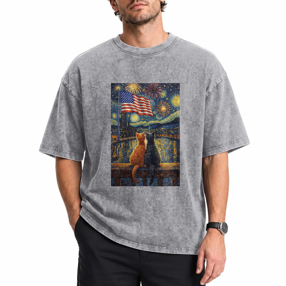 Starry Night Cat Patriotic American Pride Washed Cotton T-Shirt
