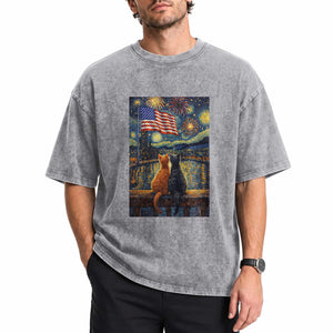 Starry Night Cat Patriotic American Pride Washed Cotton T-Shirt