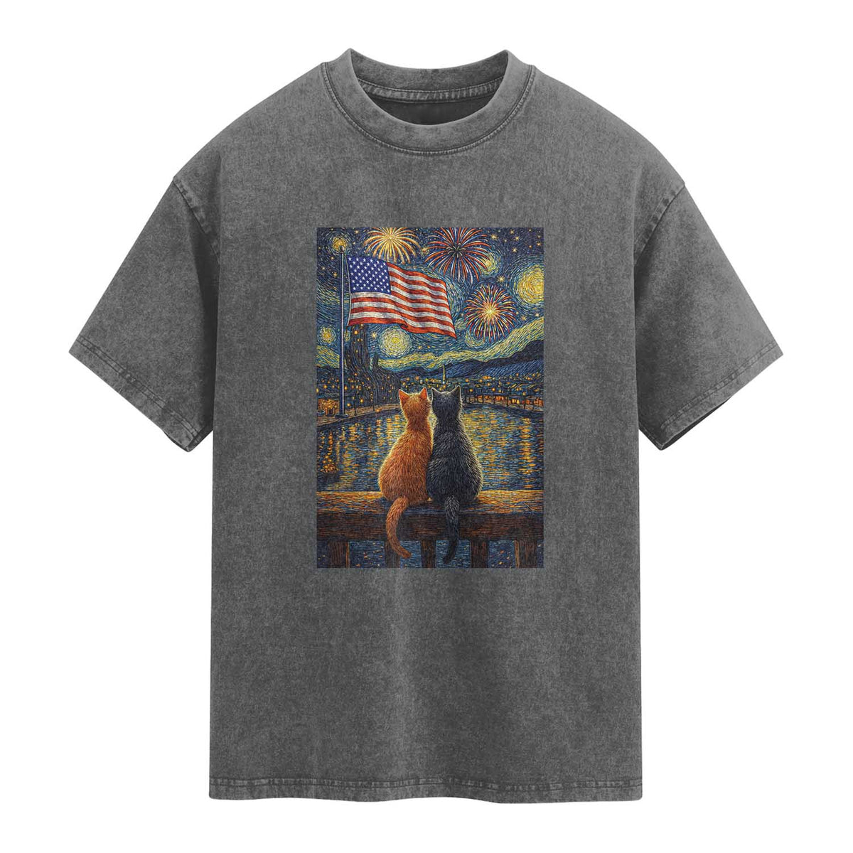 Starry Night Cat Patriotic American Pride Washed Cotton T-Shirt