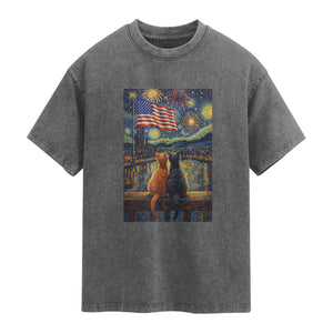 Starry Night Cat Patriotic American Pride Washed Cotton T-Shirt