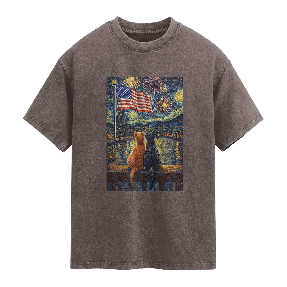 Starry Night Cat Patriotic American Pride Washed Cotton T-Shirt