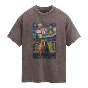 Starry Night Cat Patriotic American Pride Washed Cotton T-Shirt