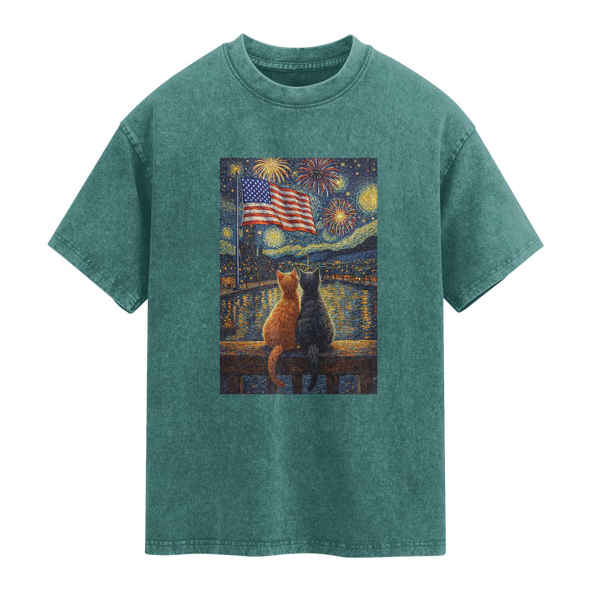 Starry Night Cat Patriotic American Pride Washed Cotton T-Shirt