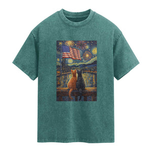 Starry Night Cat Patriotic American Pride Washed Cotton T-Shirt