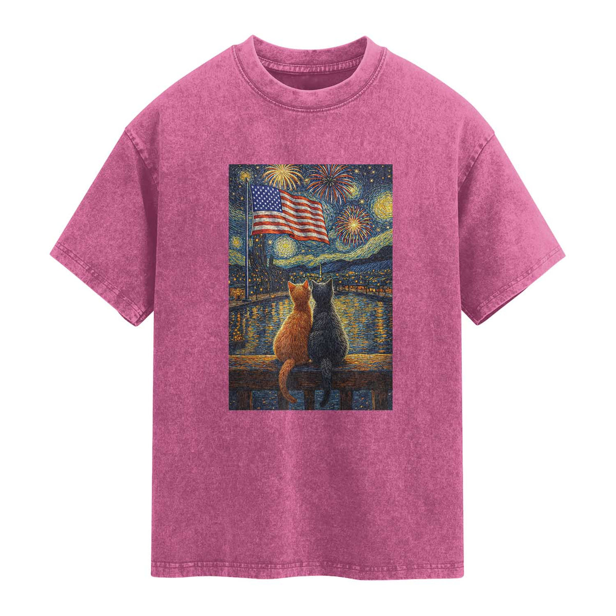Starry Night Cat Patriotic American Pride Washed Cotton T-Shirt