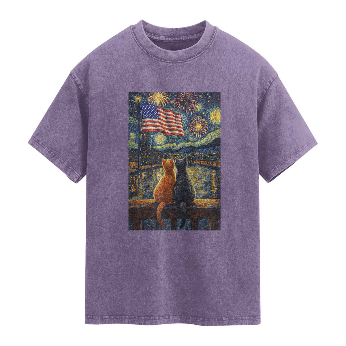 Starry Night Cat Patriotic American Pride Washed Cotton T-Shirt