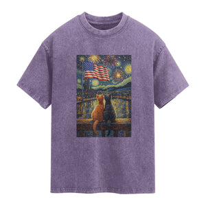 Starry Night Cat Patriotic American Pride Washed Cotton T-Shirt