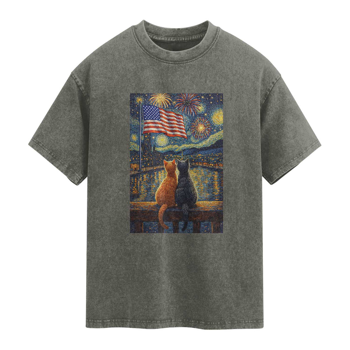 Starry Night Cat Patriotic American Pride Washed Cotton T-Shirt