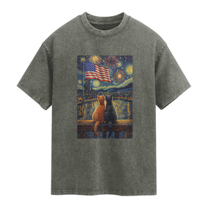 Starry Night Cat Patriotic American Pride Washed Cotton T-Shirt