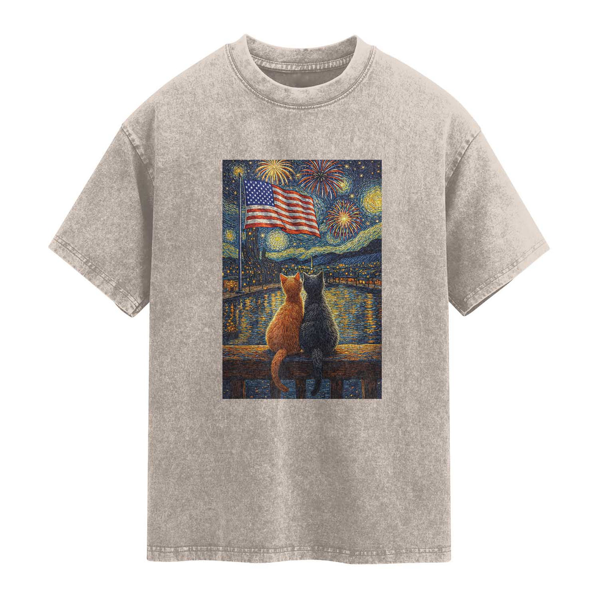 Starry Night Cat Patriotic American Pride Washed Cotton T-Shirt