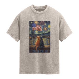 Starry Night Cat Patriotic American Pride Washed Cotton T-Shirt