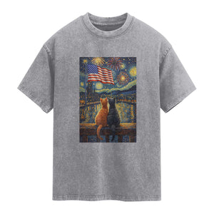 Starry Night Cat Patriotic American Pride Washed Cotton T-Shirt