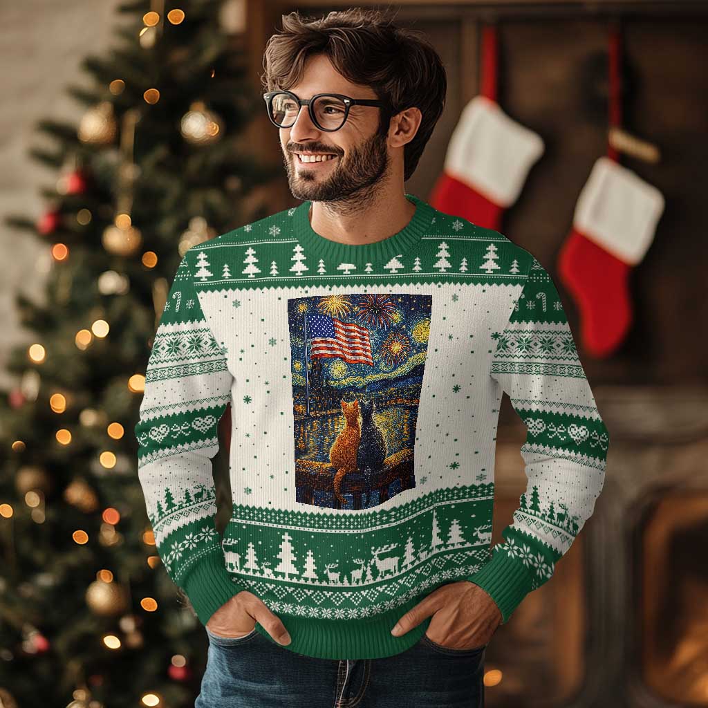 Starry Night Cat Patriotic American Pride Ugly Christmas Sweater TS12 Beige Green Print Your Wear
