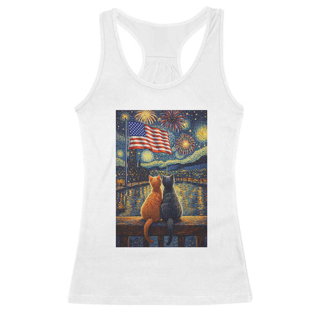 Starry Night Cat Patriotic American Pride Racerback Tank Top TS12 White Print Your Wear