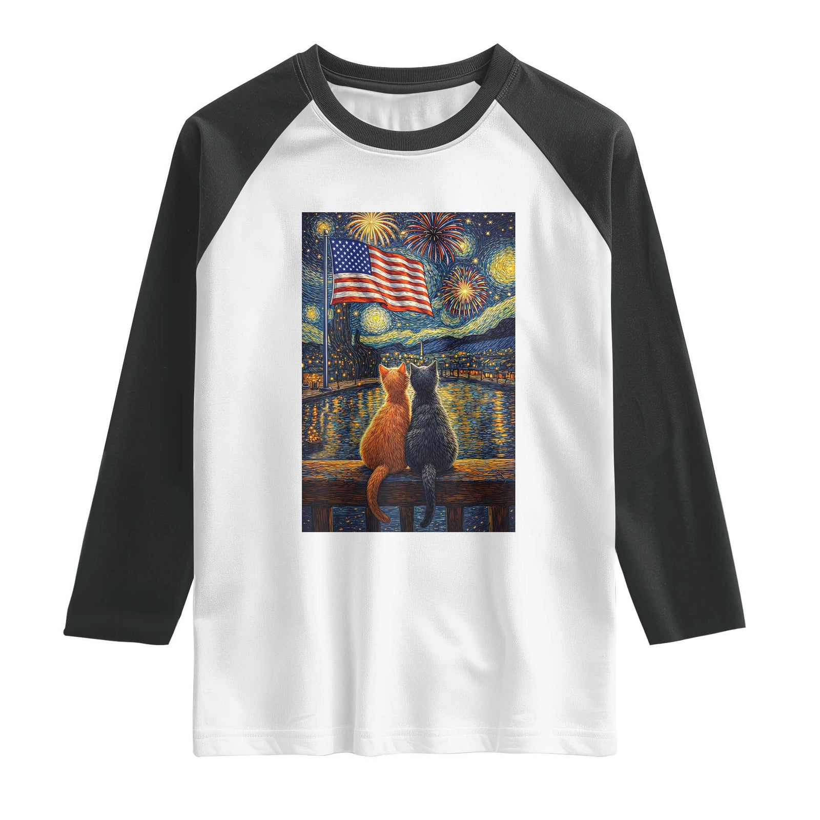 Starry Night Cat Patriotic American Pride Raglan Shirt TS12 White Black Print Your Wear