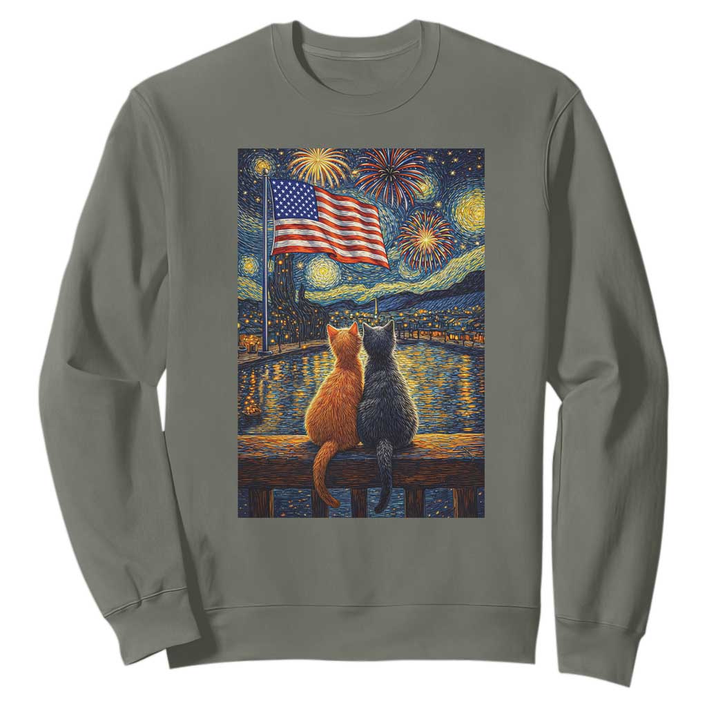 Starry Night Cat Patriotic American Pride Sweatshirt TS12 Military Green Print Your Wear