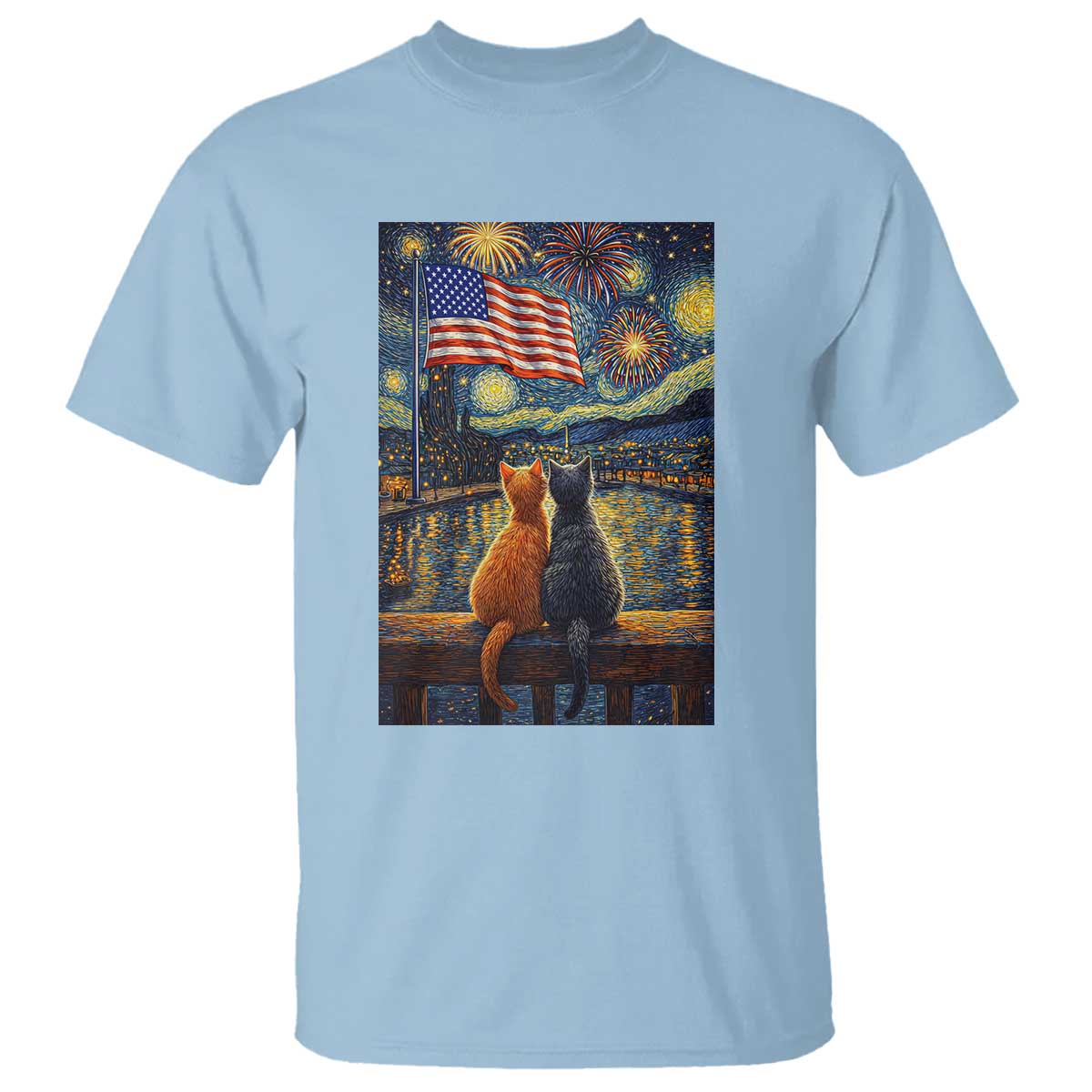 Starry Night Cat Patriotic American Pride T Shirt TS12 Light Blue Print Your Wear