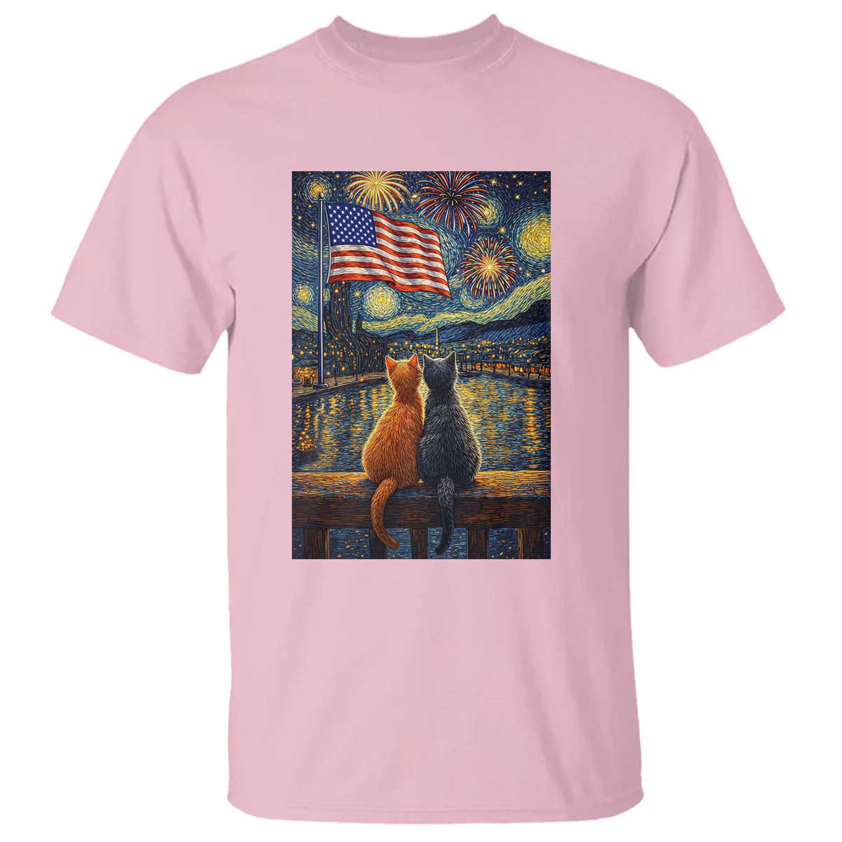 Starry Night Cat Patriotic American Pride T Shirt TS12 Light Pink Print Your Wear