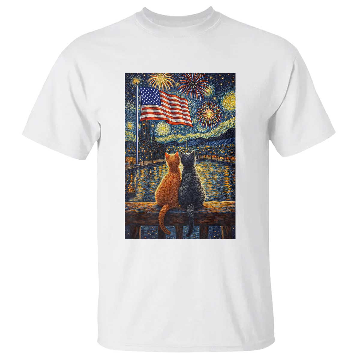 Starry Night Cat Patriotic American Pride T Shirt TS12 White Print Your Wear