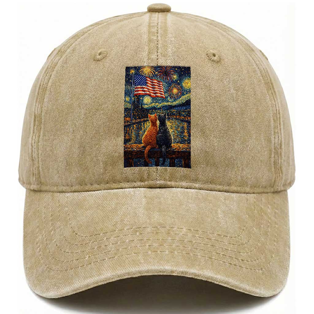 Starry Night Cat Patriotic American Pride Washed Cotton Baseball Cap TS12 Washed Cap Universal Fit Khaki Print Your Wear